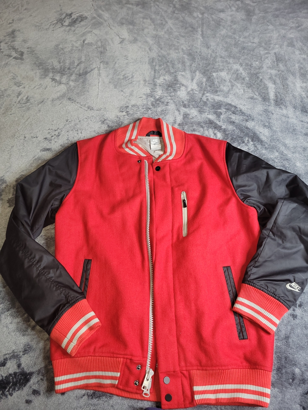 Nike Men's Red & Black Varsity Bomber Destroyer Jacket Wool With Nylon Sleeves